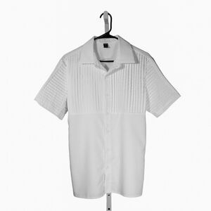 Shein Mens Shirt Button Up Short Sleeve White Pleated Lightweight Casual Small